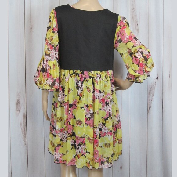 Free People Small Mini Dress Yellow Pink Floral Retro Black Vest Long Sleeve NEW - Picture 5 of 12